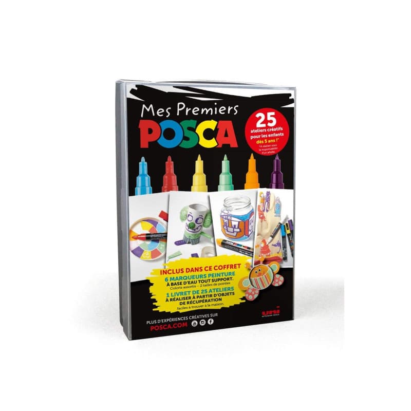 POSCA - Uni Mitsubishi Pencil - Coffret Mes Premiers 6 Marqueurs Peinture, Base Eau - 4 PCM1C Pointe Extra Fine, 2 PC3M Pointe F