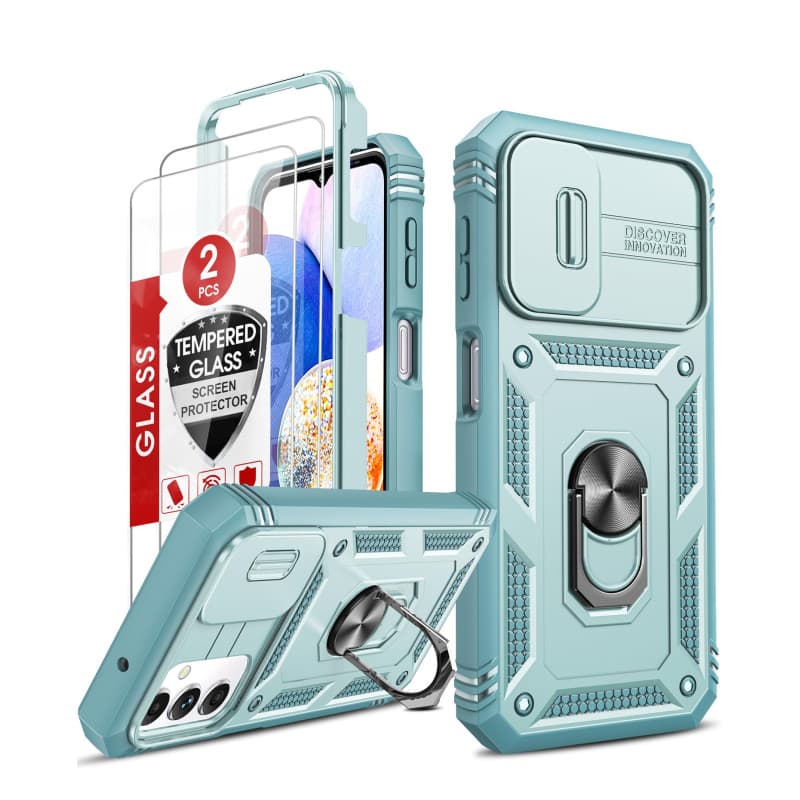 LeYi Coque pour Samsung Galaxy A14 4G/5G avec 2 Verre Trempé,Anneau Support,Protection de la Caméra en PC Dur Anti-Chut Renforcé