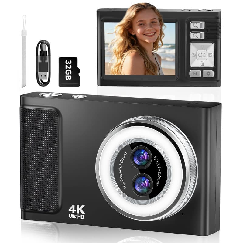 2.8'' Appareil Photo NuméRique, JDZ Appareil Photo Compact 4K HD, Zoom 16X, 48MP Digital Camera, Built in 32 Go Carte SD, Camera