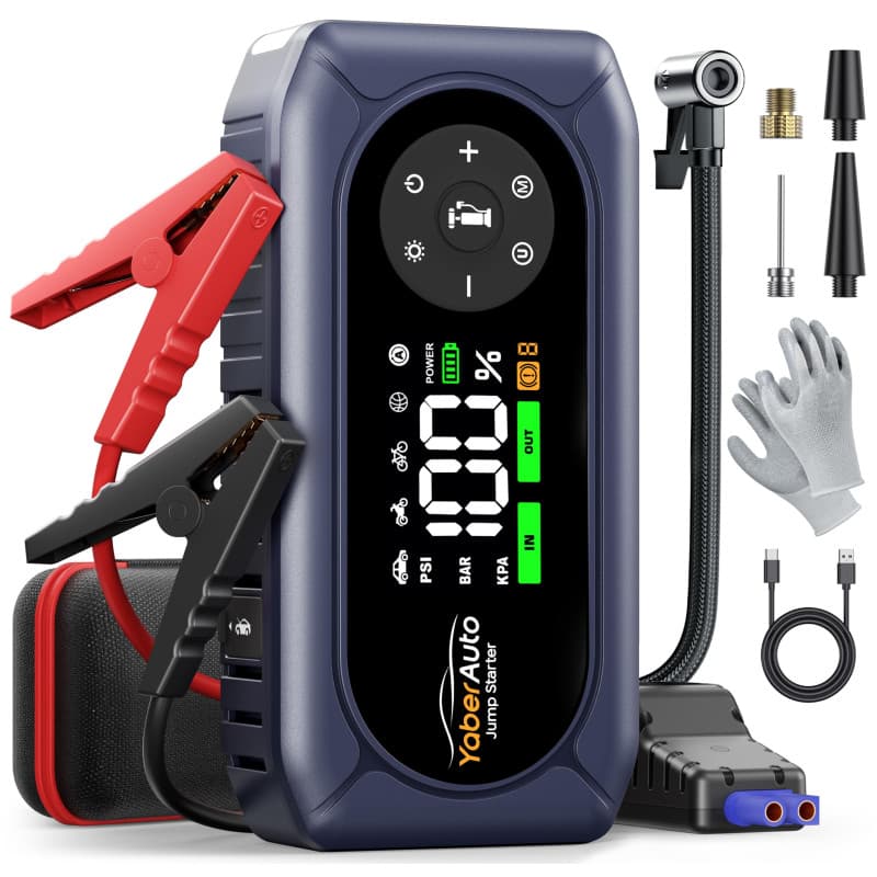 9-in-1 Booster Batterie Voiture avec 150PSI Gonfleur Pneus, 12V Démarreur Voiture Puissant, Booster Batterie Moto avec 500 Lumiè