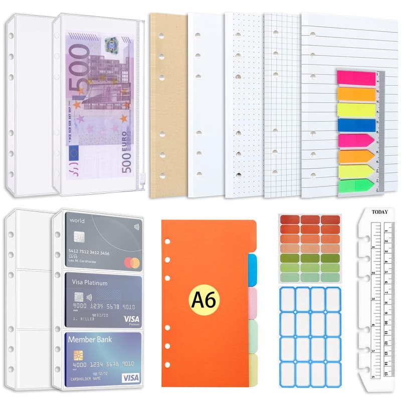 AQTAQ Ensemble de recharges de papier A6 6 trous Notes autocollantes rechargeables A6 100 feuilles/200 pages Intercalaires color
