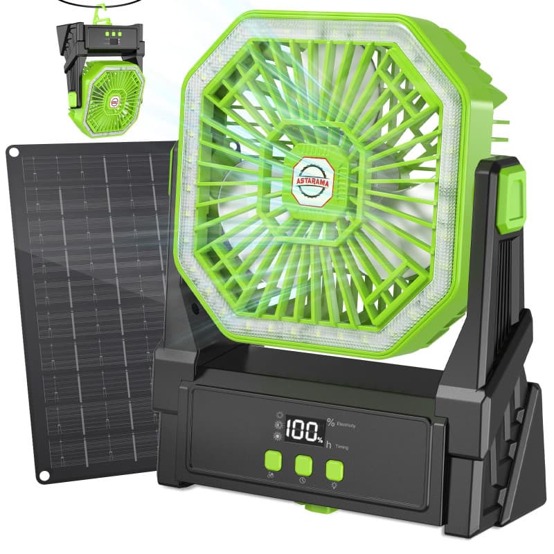 Astarama Ventilateur solaire de 10 000 mAh avec panneau solaire de 10 W et lumière, ventilateur à 4 vitesses à piles avec écran