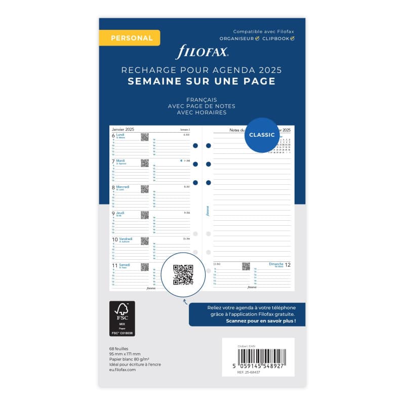 Filofax Personnel 1 semaine sur 1 page + notes. Français 2025