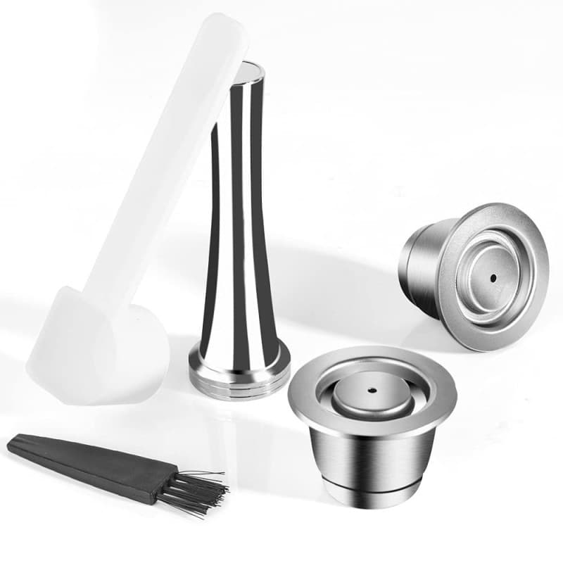 RECAFIMIL Lot de 2 dosettes à café réutilisables en acier inoxydable compatibles Nespresso avec 1 presse 1 cuillère et 1 brosse