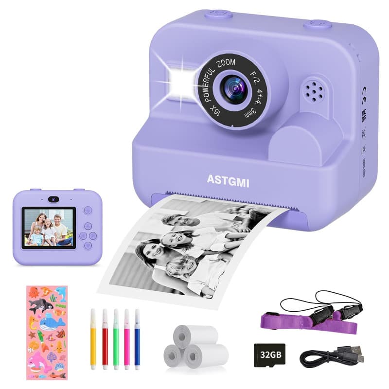 Appareil Photo Enfant, Appareil Photo Instantané 2.4" Écran avec Papier d'impression et Carte 32GB, Mode Video et Selfie, Jouet