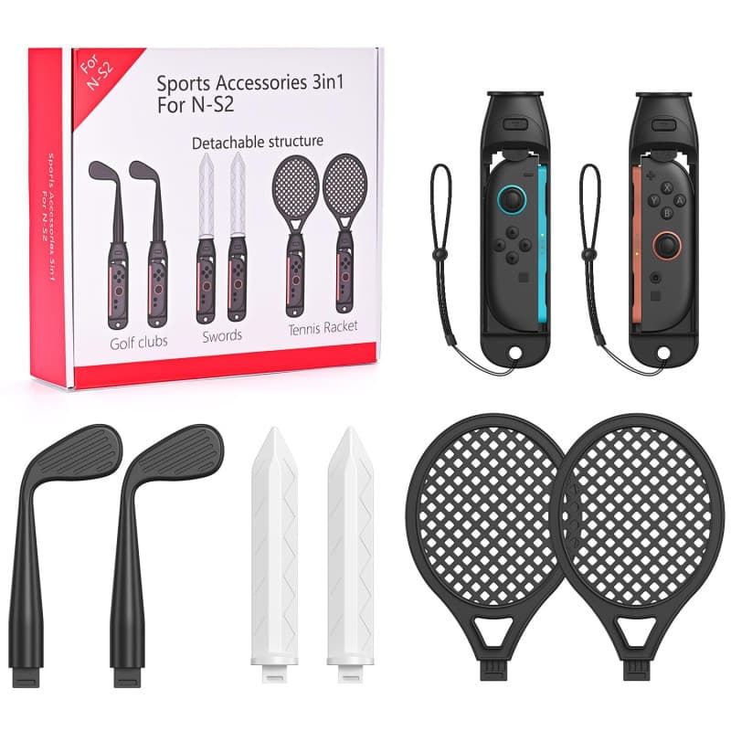 Accessoires Sport Switch 2, Kit 10 en 1 avec Raquettes de Tennis, Clubs de Golf, Épées, Poignées J-Con et Bracelets, Compatible