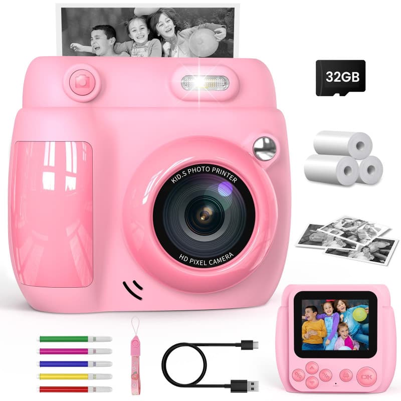 Gofunly Appareil Photo Instantané Enfant 2,4 Pouces - Caméra Vidéo Numérique 1080P avec Carte 32GB & 3 Rouleaux de Papier, Cadea