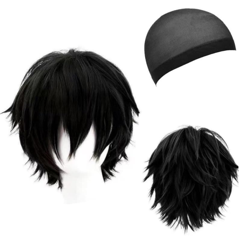 HTTDSLF Anime Perruque Courte Noir, Perruque Cosplay avec Frange pour Homme Dames, Deguisement pour Halloween Quotidienne Fête