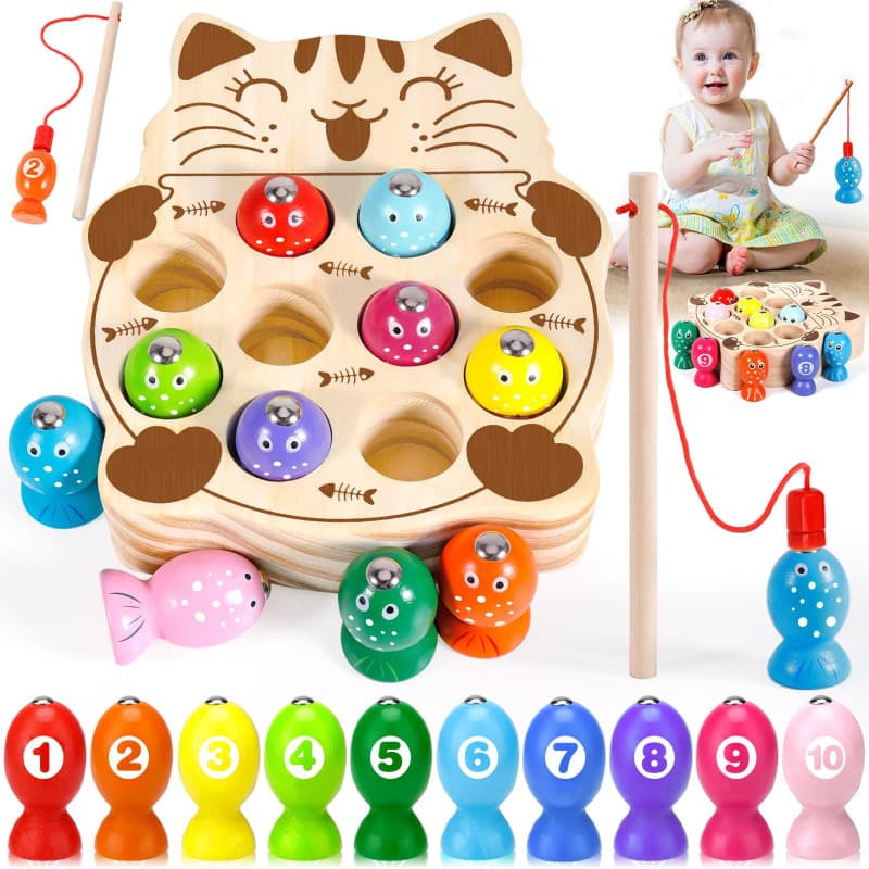 ZHHGOO Jeu de Peche Magnetique,Jeuxs Enfants 2 Ans,Jeux Montessori,Jouets en Bois Jeu de pêche,Magnetique Enfant,Cadeau Garçon F