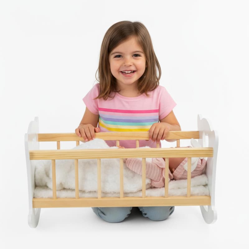Kinderplay Berceau de poupée en Bois avec Parure de lit - Lit à Bascule pour poupées jusqu'à 49,5 cm - Jouet en Bois pour Filles