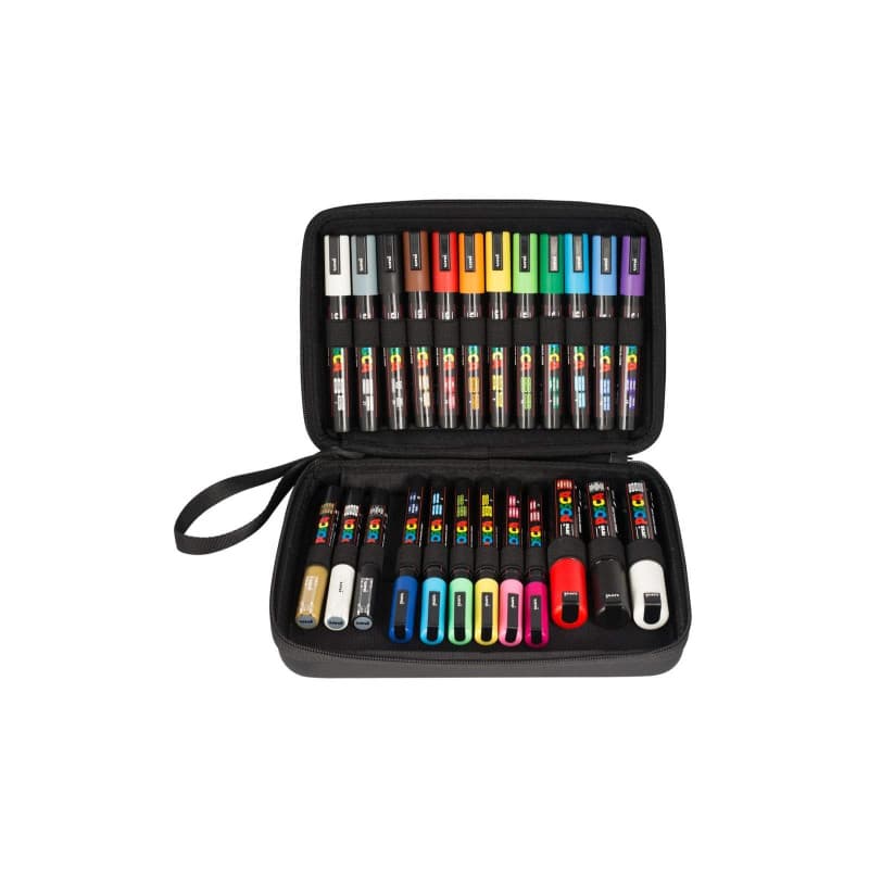 POSCA - Mitsubishi Pencil - Mallette 24 marqueurs Pointes Extra-Fines PC1MC / Fines PC3M / Moyennes PC5M / Biseautées PC8K - Mar