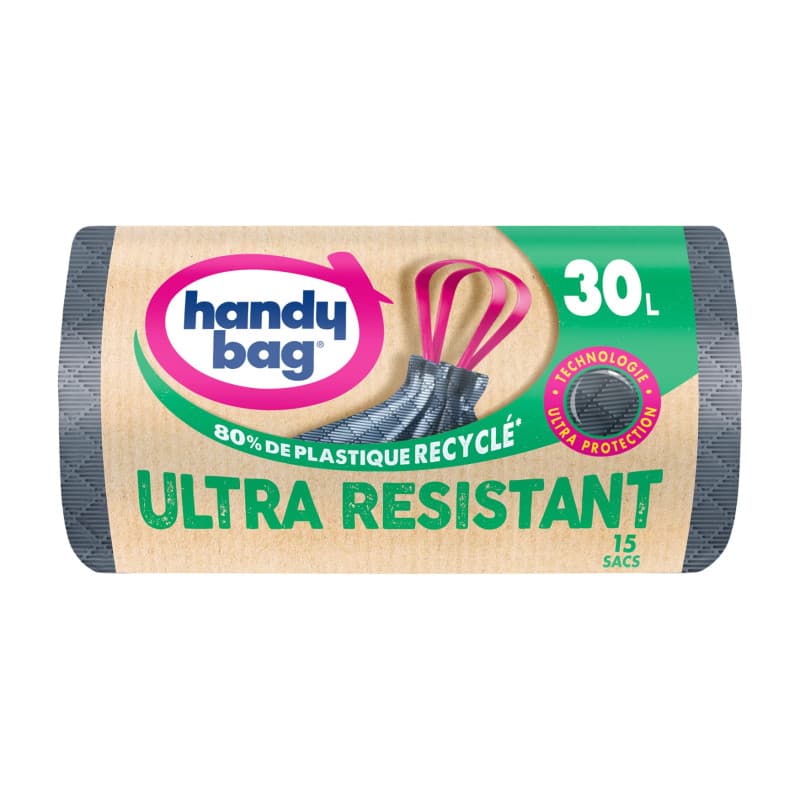 Handy Bag - Sacs poubelle à poignées coulissantes Ultra Résistant 30L x 15 sacs - Ultra Protection : trame et film triple épaiss