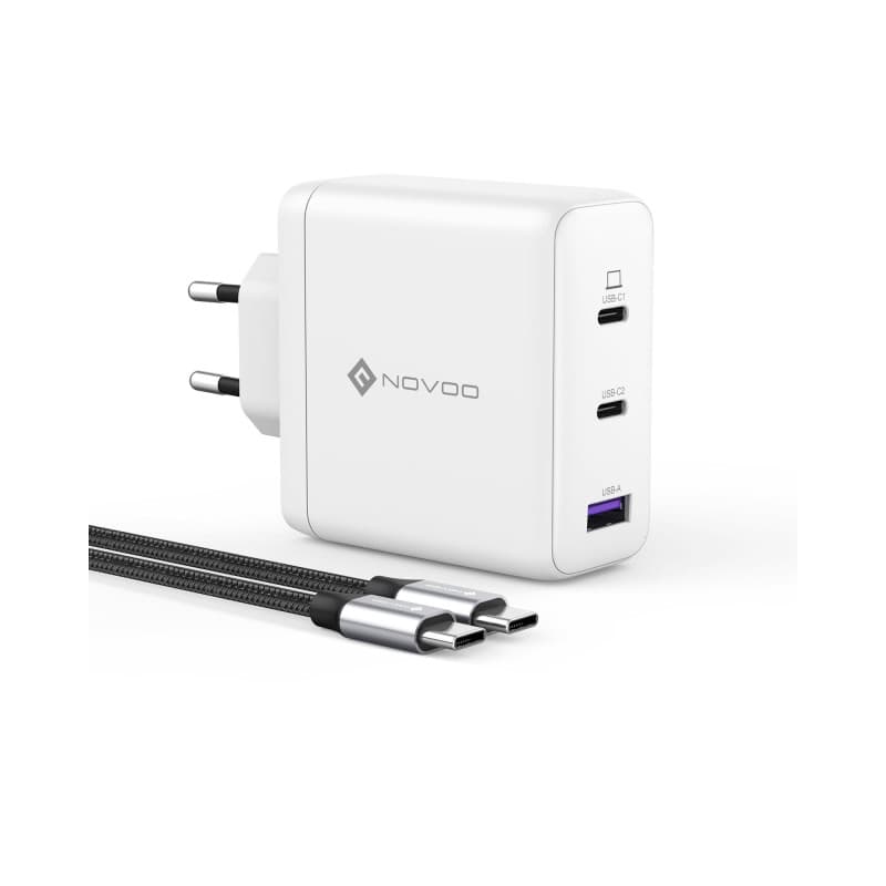 NOVOO Chargeur USB-C GaN III 120W Rapide, Chargeur Universel PPS 3 Ports Compact avec 1 Câbles PD 100W Type-C, pour MacBook Pro