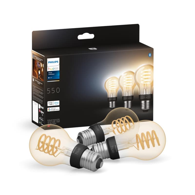 Philips Hue White Ambiance, ampoule LED connectée filament culot E27, compatible Bluetooth, pack de 3, fonctionne avec Alexa, Go