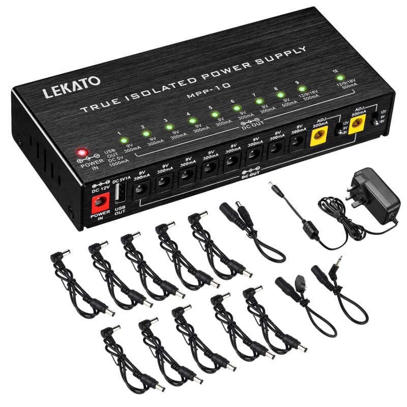 LEKATO Guitar Power Supply, 10 sorties DC isolées pour 9V/12V/18V, 100mA 500mA Effect Pedal Power Supply for Musical Instruments