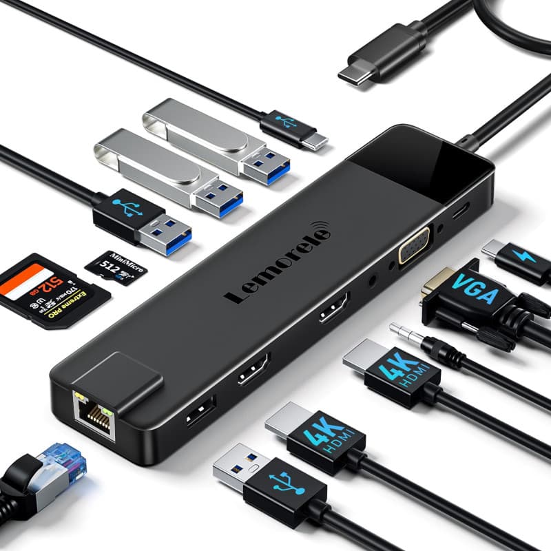 Lemorele Dock Station d'accueil USB C pour 3*Ecrans, Adaptateur Hub 13-en-1 vers Dual HDMI, VGA, Gigabit Ethernet, 2 USB 3.0&2.0