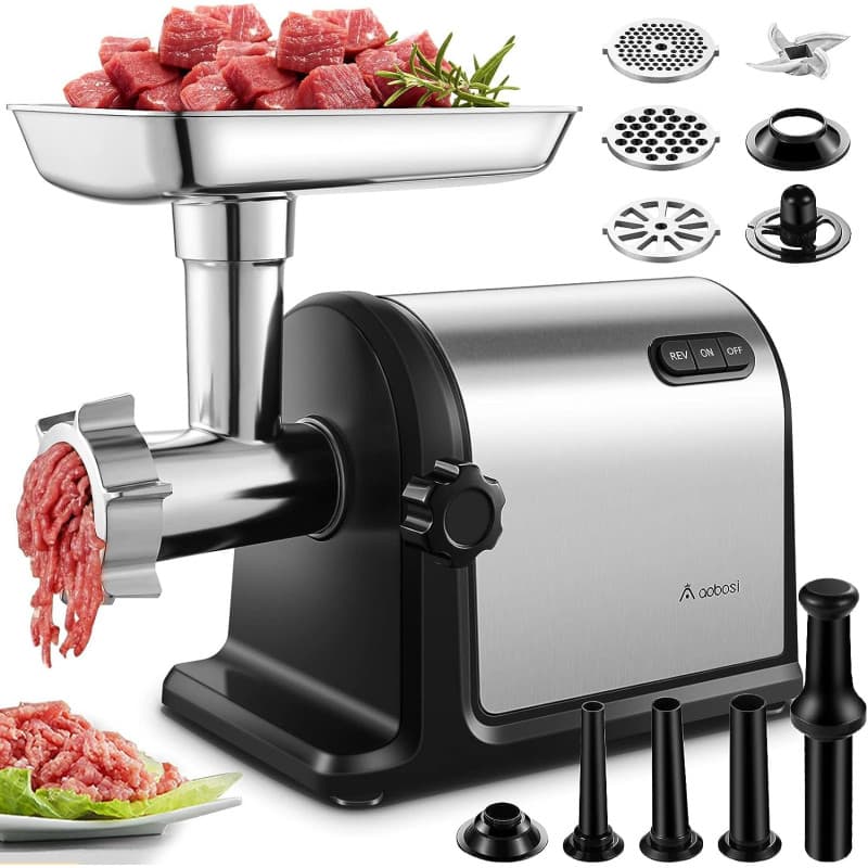 Hachoir a viande AOBOSI 3-IN-1 Hachoir à viande électrique avec 3 plaques de coupe en inox, 1 Kubbe et 3 tubes de remplissage po
