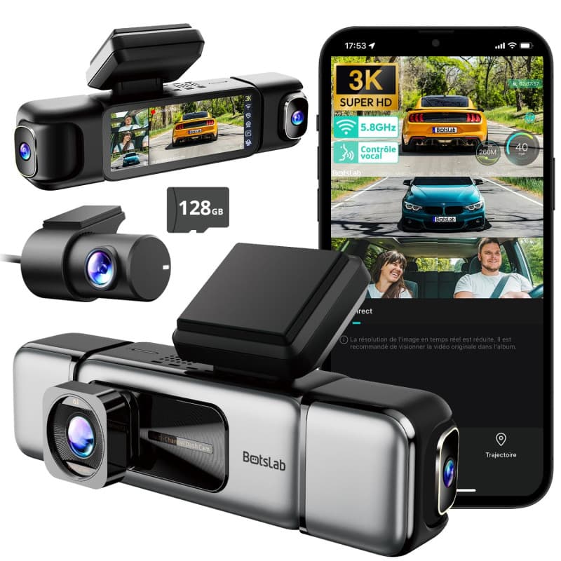 BOTSLAB 3K 4 canaux Dashcam Embarquée, 3K/4K Avant et 1080p*3 pour Voiture, Caméra Embarquée 560° pour Voiture, Wi-FI 5,8 GHz et