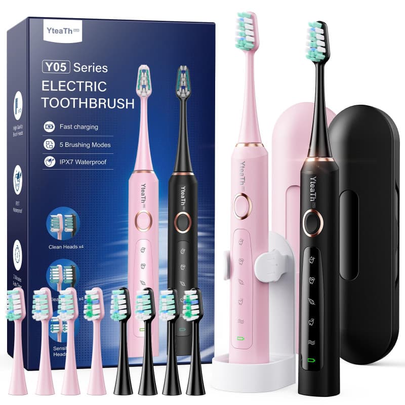 Brosse À Dent Électrique Soniques Adultes - Lot De 2 Brosse A Dent Sonique avec 10 Têtes de Brosse et Étui de Voyage, 5 Modes, É