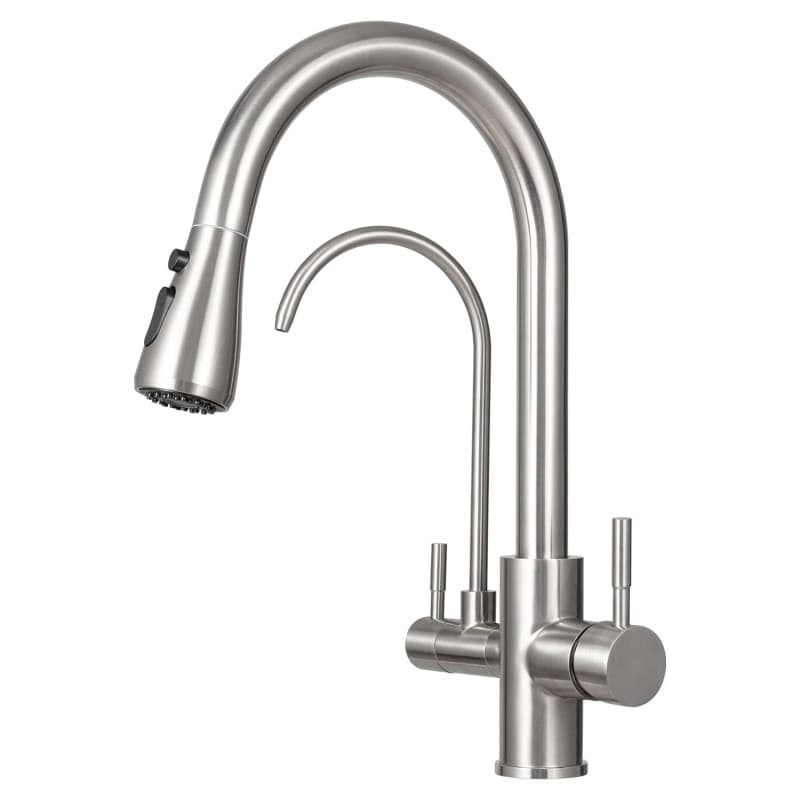 Robinet 3 Voies avec Douchette Extractible & Sortie Eau Filtrée, Robinet de Cuisine à Double Poignée Acier Inoxydable, Rotation