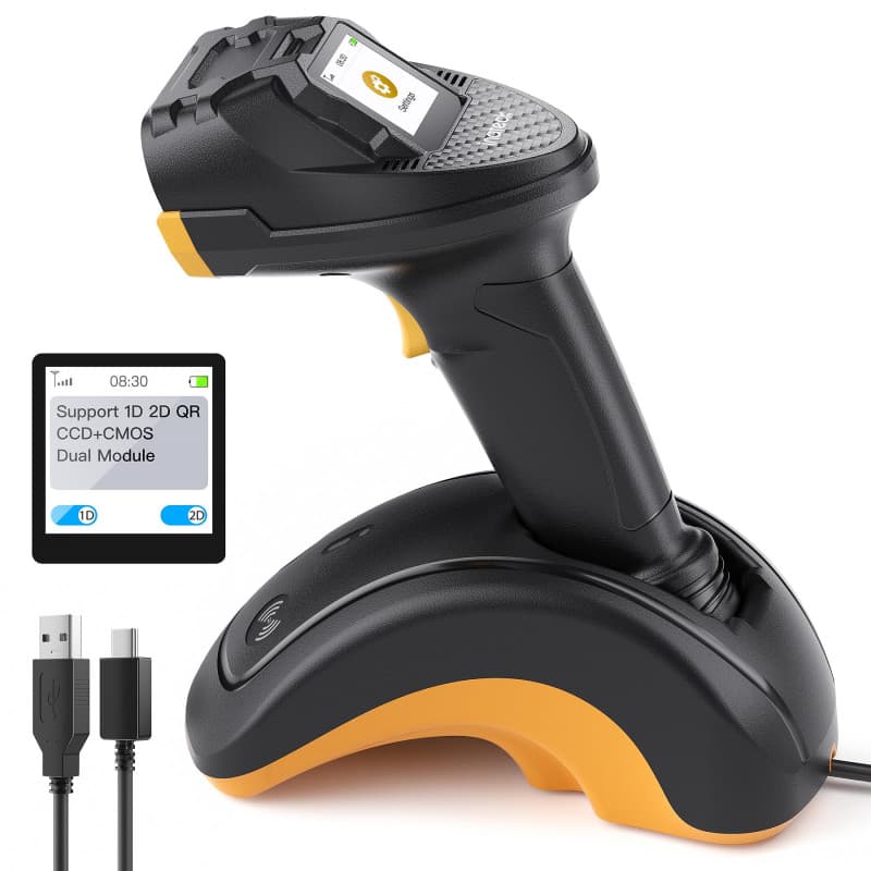 Inateck Scanner de Code-Barres Bluetooth, Scanner 2D 1D sans Fil, Scanner de Code QR, avec Écran Tactile et Base Intelligente, M
