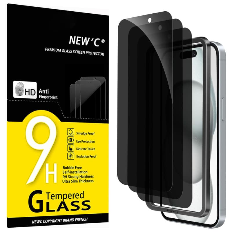 NEW'C Kit de 3, Verre Trempé Anti-Espion pour iPhone 16, iPhone 15 (6,1 Pouces) Protection écran contre les Rayures - Angle de C