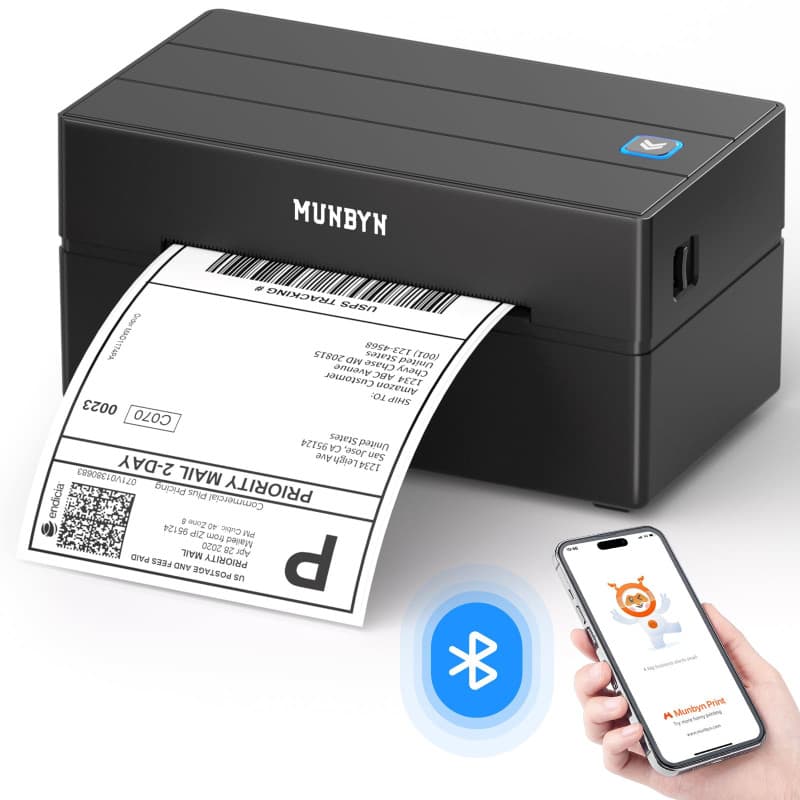 MUNBYN Imprimante Etiquettes Expédition Bluetooth, Imprimante Thermique sans Fil 4x6 pour Colis et Petites Entreprises à Domicil