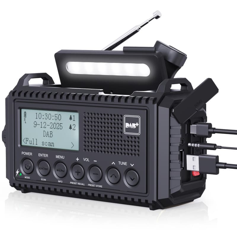 Radio Numérique Dab+/Dab/FM, Radio Solaire Portable avec Manivelle, 5000mAh Batterie Rechargeable, Écran LCD, Port USB, Prise Ca