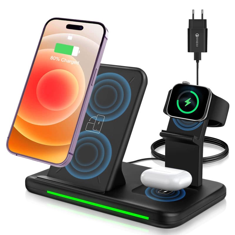 ZOVHYYA 4-en-1 Chargeur sans Fil 15W - Chargeur Induction Rapide avec 18W Adaptateur QC 3 pour Phone Apple 14 13 12 11 Pro i Wat