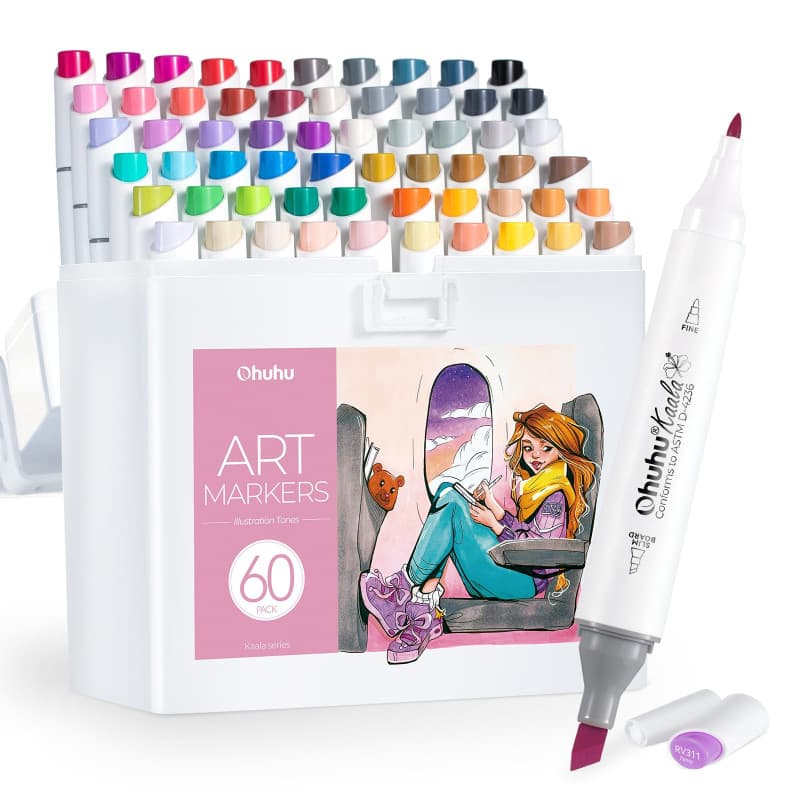 Ohuhu feutres alcool, 60+1 Couleurs feutre à alcool permanent à double pointe, rechargeable, à mélange parfait Pour les artistes