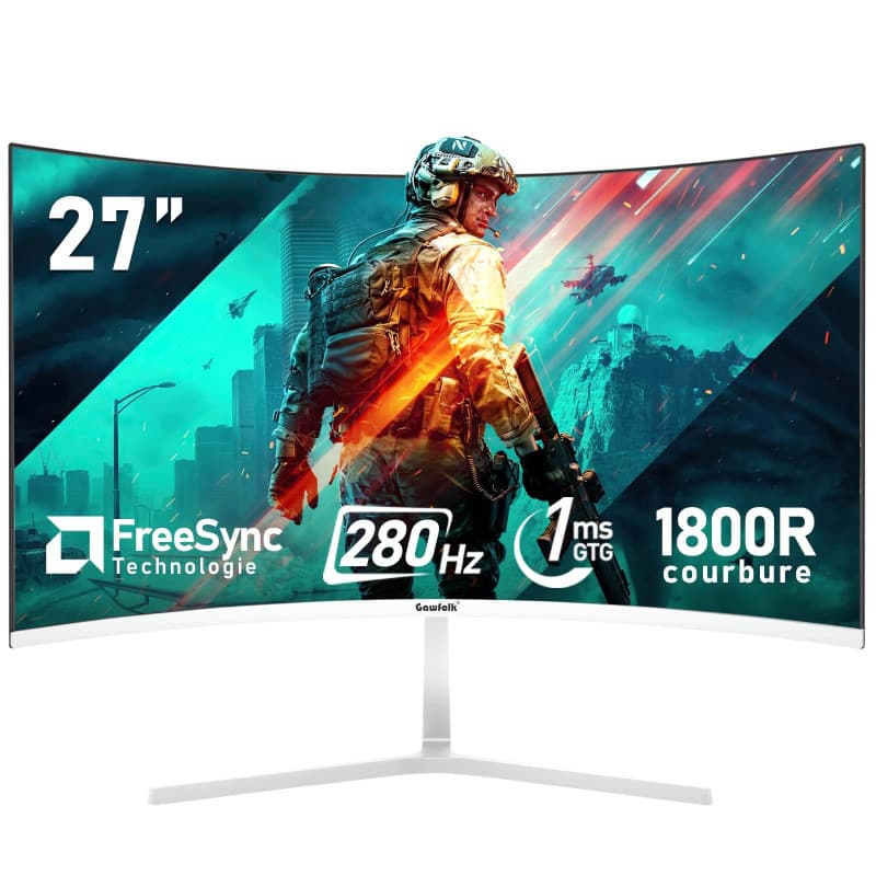 Gawfolk Écran PC 27 Pouces incurvé 280Hz Gaming Computer Moniteur, 1800R,1ms,FHD 1080p, 178 ° Grand Angle,Ultra - Mince Lunette,