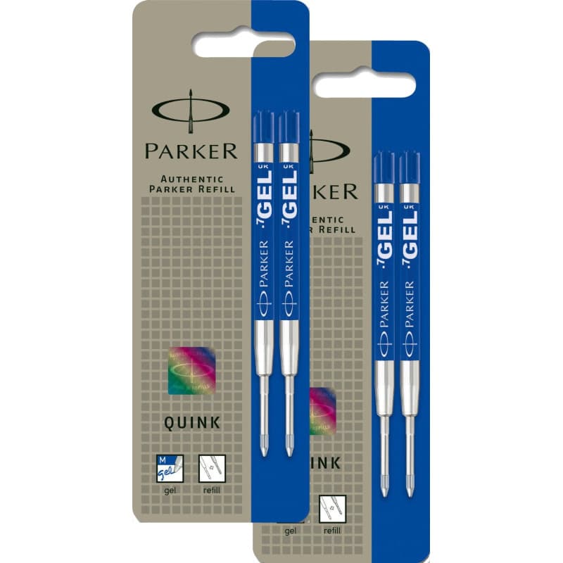 Parker S0881510 Quink Lot de 2 recharges de gel (pour stylo à bille, largeur de trait moyenne, encre bleue) (bleu, lot de 4)