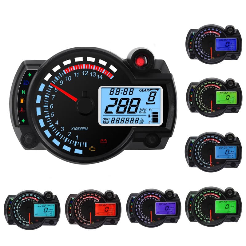 Geloo Compteur de vitesse universel pour moto 7 couleurs, 14000 tr/min écran LCD numérique RX2N Odomètre Compteur de vitesse Ins