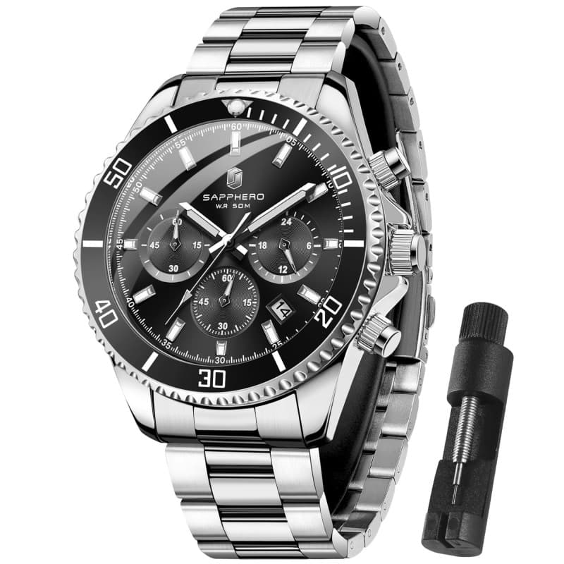 SAPPHERO Montre Homme en Acier Inoxydable Chronographe 50M Etanche Montres Analogique Quartz Date Classique Luxe Mode Montres Ca