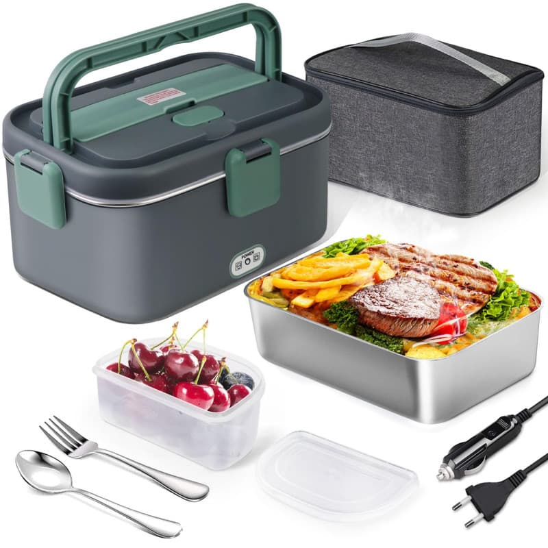 AUTOPkio Gamelle Chauffante 1,8L 80W, 12V/24V/220V Boîte à Lunch Electrique avec Sac et Acier Inox Fourchette Cuillère pour Voit