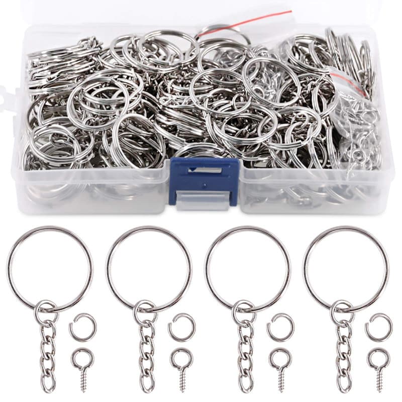 Swpeet Lot de 450 anneaux porte-clés argentés de 25 mm avec 150 anneaux porte-clés avec chaîne et œillets à visser - Boîte en pl