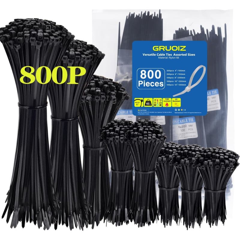 Collier 800 Pièces Rilsan, GRUOIZ Attache Câble Collier de Serrage Plastique 3.6mm Zip Ties (100/150/200/250/300mm) Serre Câbles