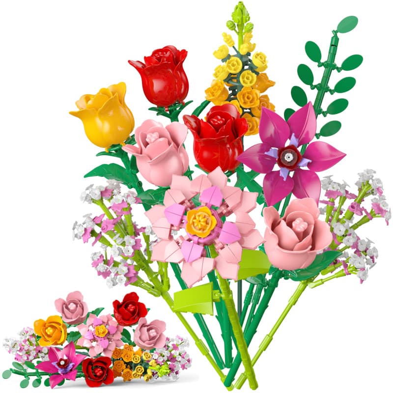 Bouquet de Fleurs à Construction, 11 Fleurs Déco Artificielles en Briques avec 5 Roses, 765 Pièces, Cadeau Femme Fête des Mères