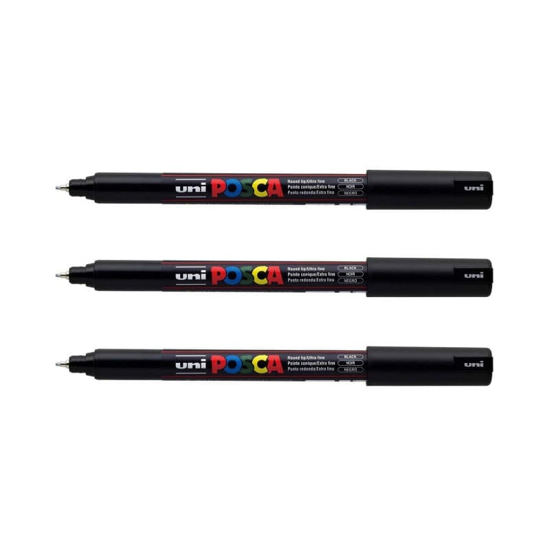 POSCA - Uni Mitsubishi Pencil - 3 Marqueurs Noir PC1MR Pointe Extra Fine Calibrée 0,7 mm - Marqueur Peinture À Base d'Eau - Tout