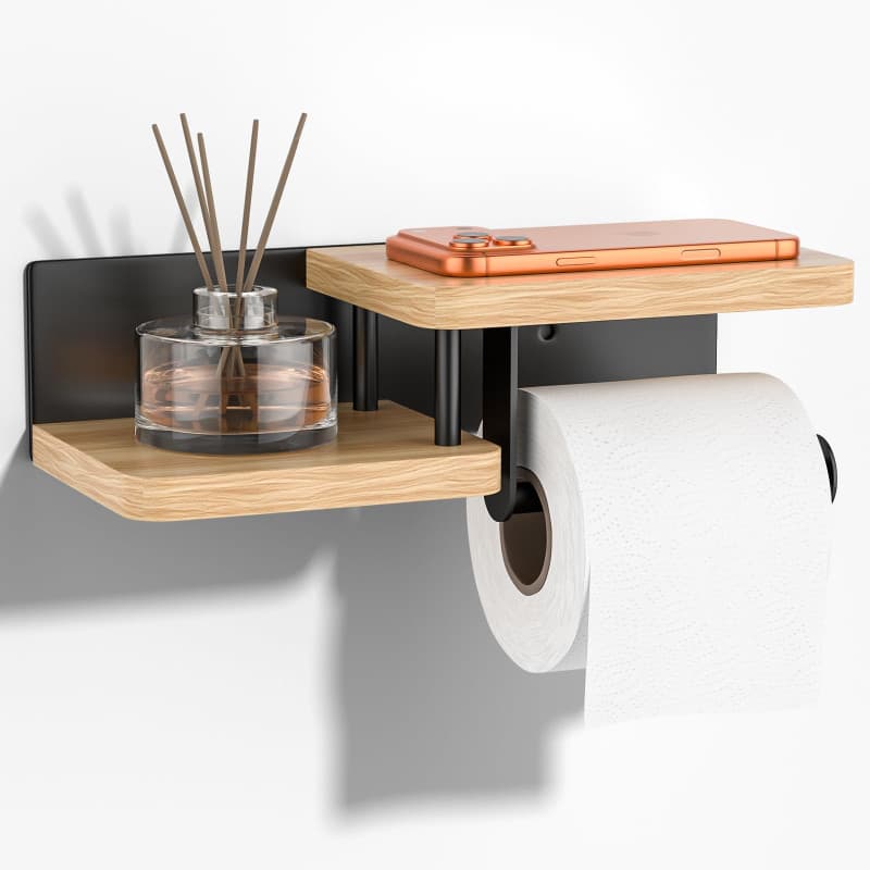 HOMIKLSA Porte-Papier Toilette avec Étagère – Chêne & Acier INOX, Trous de Fixation à vis, Support de Rouleau de Cuisine en Bamb