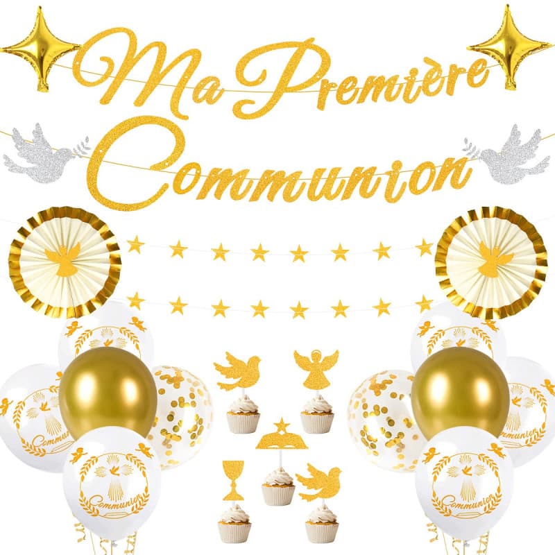 iZoeL Decoration Communion Ma Premiere Communion Garcon Fille Ballon Communion Guirlande Etoile 4 m Gateau Décoration Or - Decor