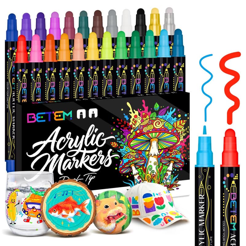 Betem 24 Couleurs Feutre Acrylique à Double Pointe, Stylo Marqueur Peinture Acrylique pour Bois, Toile, Pierre, Tissu, Peinture