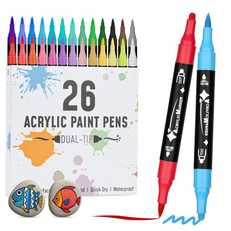 VynyQoo Lot de 26 stylos de peinture acrylique à double pointe pour peinture sur roche avec pointe extra fine de 0,5 cm, stylos