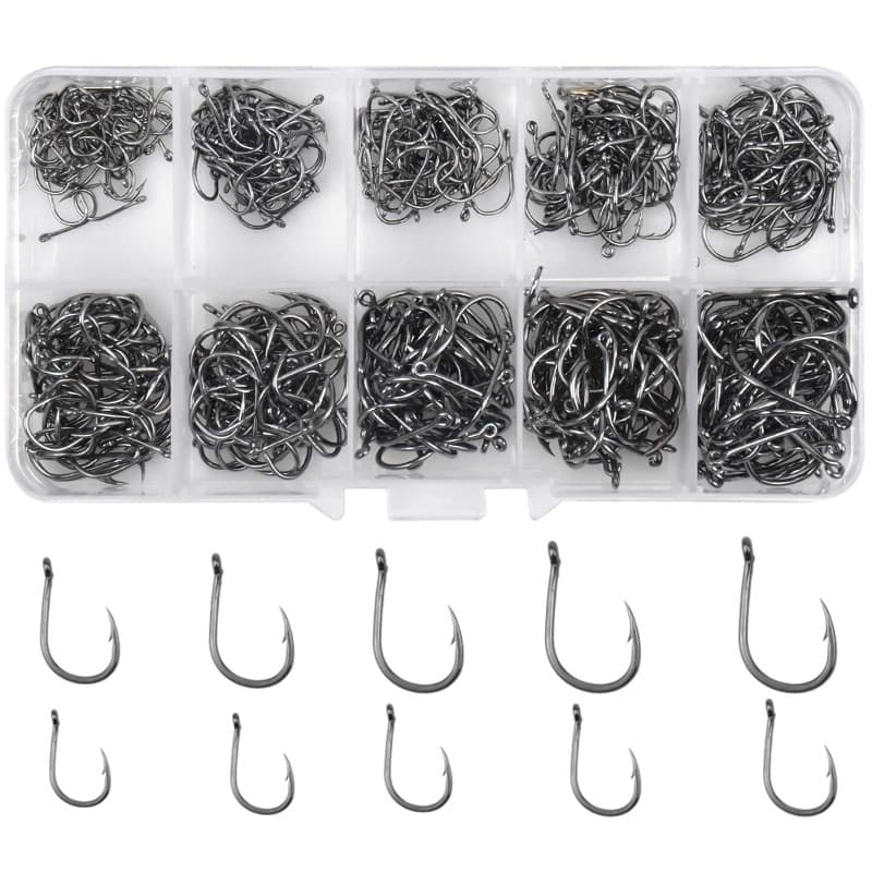Skyzone Hameçon de Pêche, Lot de 500 Hameçons en Acier Carbone 10 tailles assorties (3#-12#) avec ardillons hameçons mer avec bo