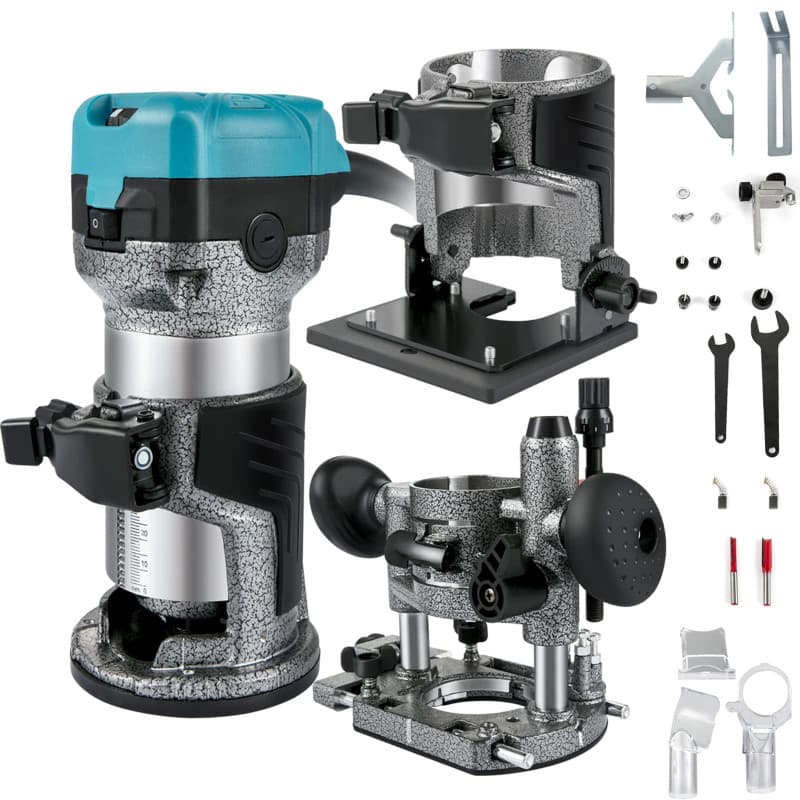 VEVOR Défonceuse Électrique 710W Affleureuse à Bois avec 3 Bases Fixe Inclinable Plongeante, 13000-33000 tr/min Outil Menuiserie