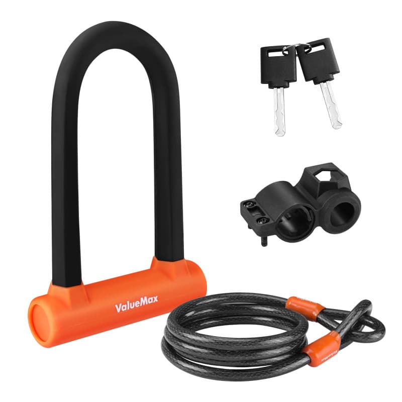 ValueMax Antivol en U pour Vélo, Antivol de Vélo Noir avec 1,8 m Câble, Serrure de Vélo avec Support de Montage Robuste, Idéal p