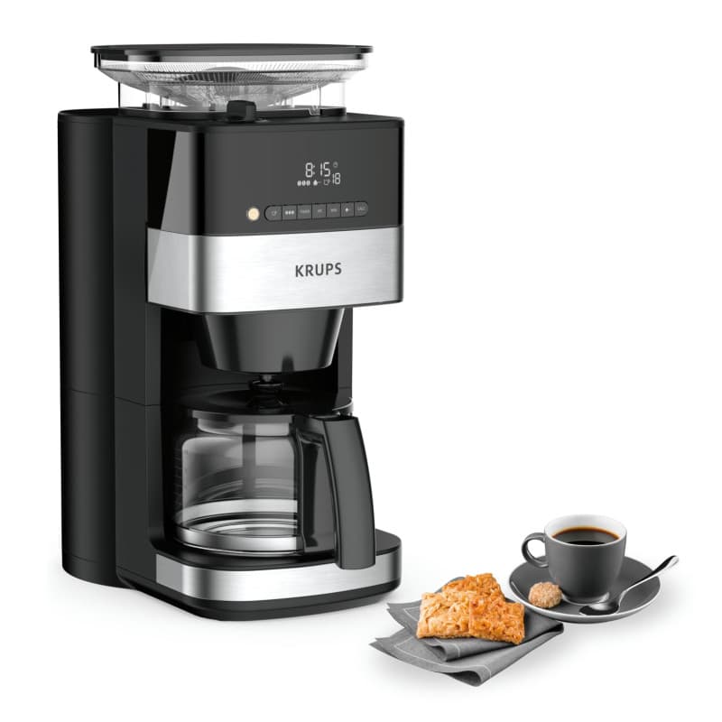 Krups Grind Aroma Cafetière filtre programmable, Broyeur à grains automatique intégré, Café grains ou moulu, 1,25 L, 10 tasses,