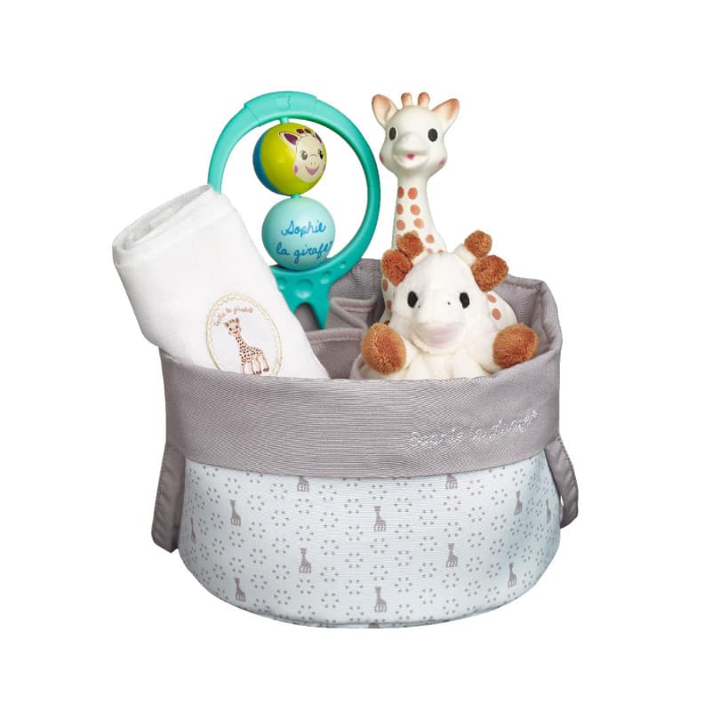 Sophie la Girafe - Corbeille de Naissance - Jouet d'Eveil - Les essentiels de bébé - 1 Doudou, 1 lange, 1 jouet à mâcher et 1 ho