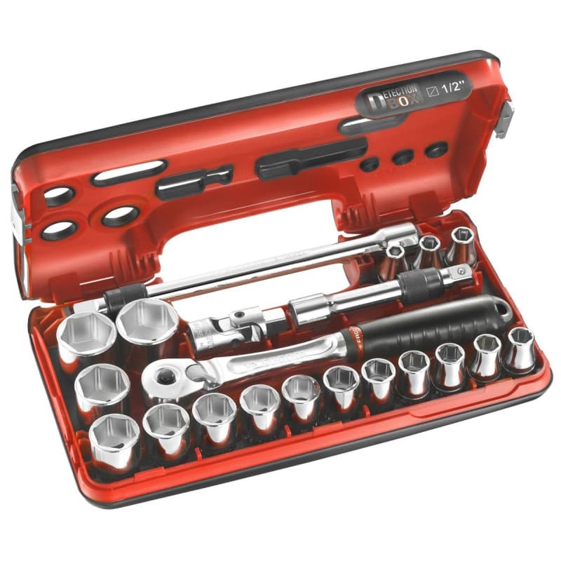 FACOM Coffret Detection Box - Cliquet Manche Rotatif Haute Performance et Douilles 1/2 " 6 Pans Métriques Plus Accessoires - SL.