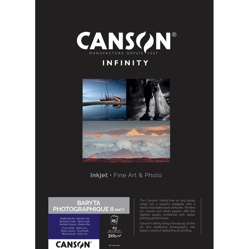 CANSON Infinity Baryta Photographique II Matt - Tirage Papier Photo Baryté - Boîte de 25 feuilles A3 - Extra Lisse Mat - Blanc P